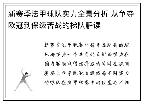 新赛季法甲球队实力全景分析 从争夺欧冠到保级苦战的梯队解读
