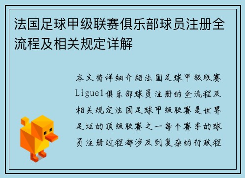 法国足球甲级联赛俱乐部球员注册全流程及相关规定详解