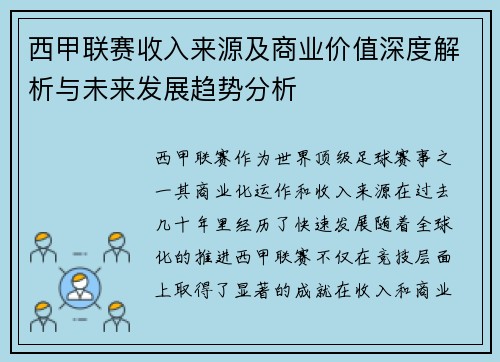 西甲联赛收入来源及商业价值深度解析与未来发展趋势分析