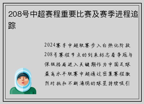 208号中超赛程重要比赛及赛季进程追踪