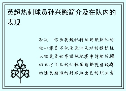 英超热刺球员孙兴慜简介及在队内的表现
